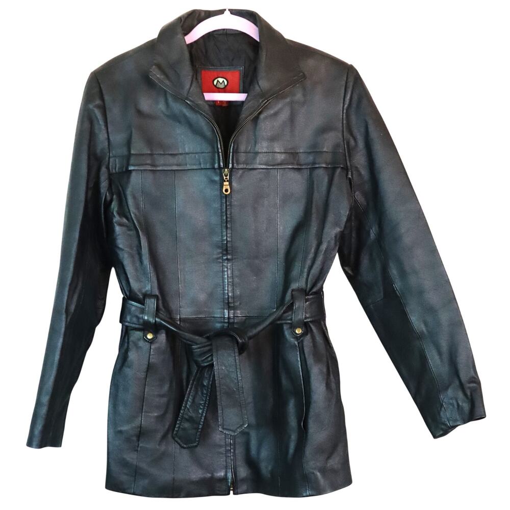 Vintage Marc Mattis Black leather Short Trench Coat Jacket Belted Womens Small